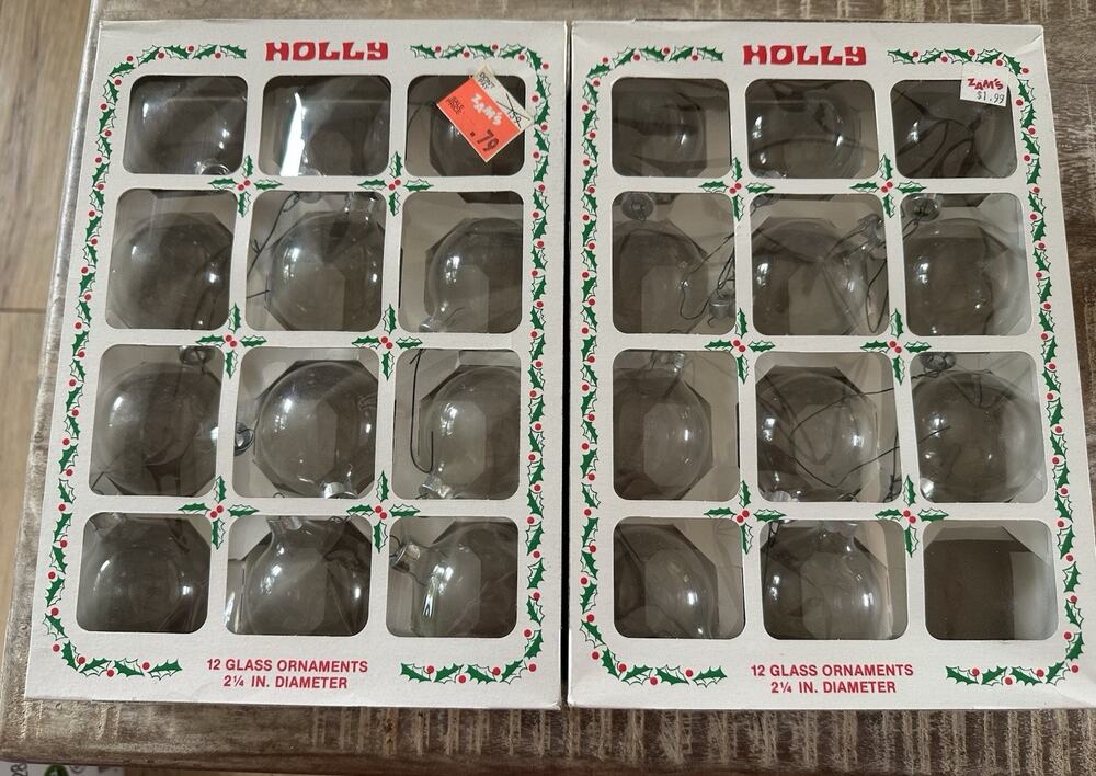 HOLLY Vintage Clear Christmas Ornaments Glass 2 1/4”, 23 Pcs Made In USA